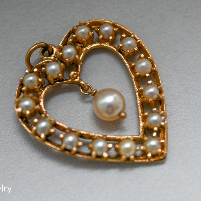 Antique  Pearl Heart Shape Pendant 14K Yellow Gold