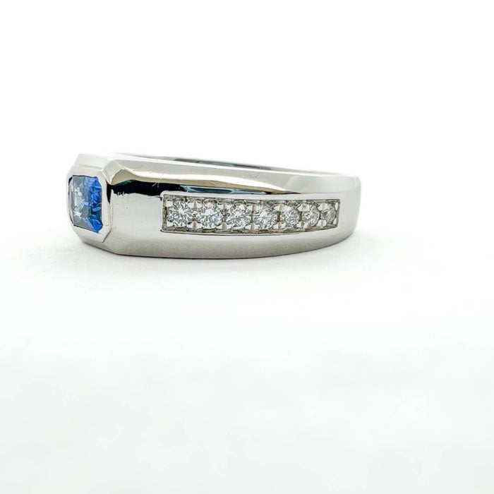 Emerald Cut Sapphire and Diamond Band Ring 14K White Gold