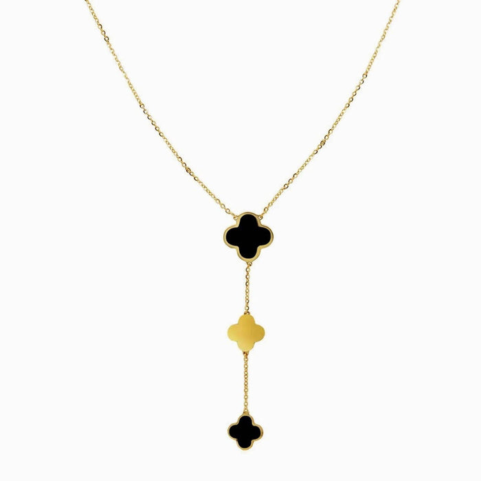 14K Yellow Gold Onyx Clover Lariat Necklace