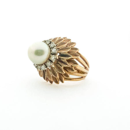 Antique Pearl and Diamond Sunflower Design Cocktail Ring 14K Yellow Gold