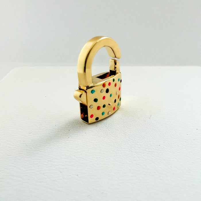 Enamel Polkadot Padlock Push Lock Charm 14K Yellow Gold