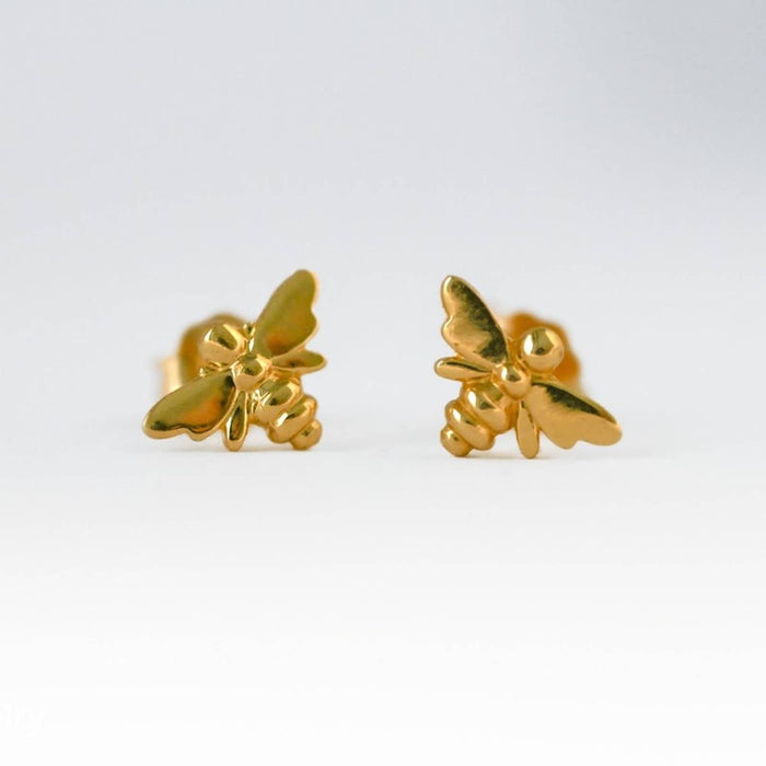 14K Yellow Gold Bee Stud Earrings.