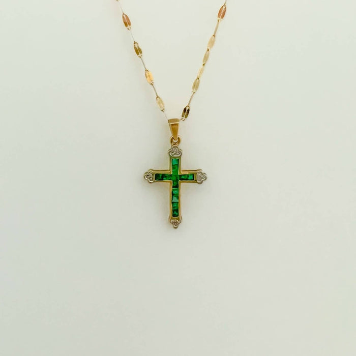 Emerald and Diamond Cross Pendant 10K Yellow Gold