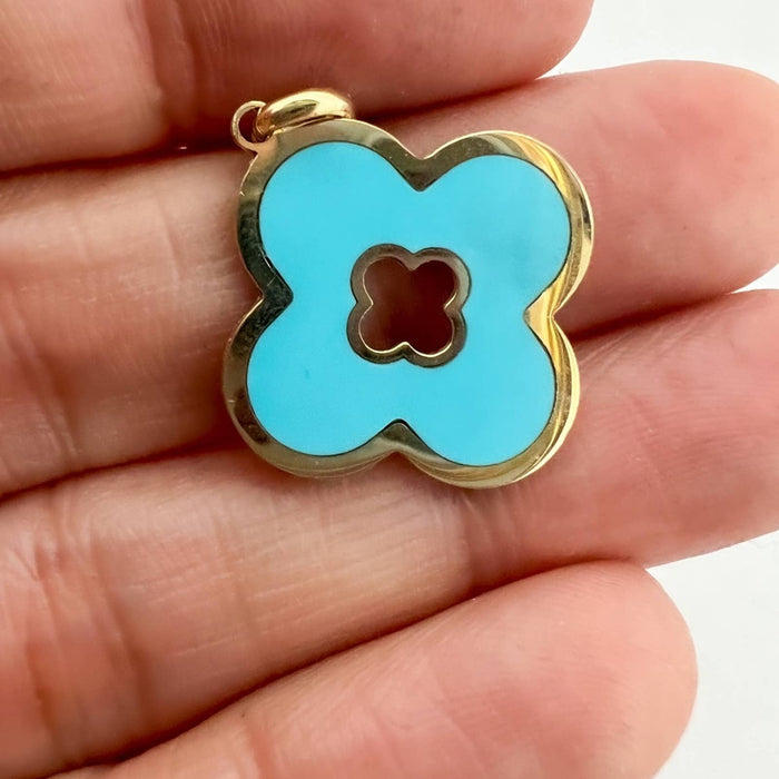 14K Yellow Gold Clover Turquoise Charm Pendant