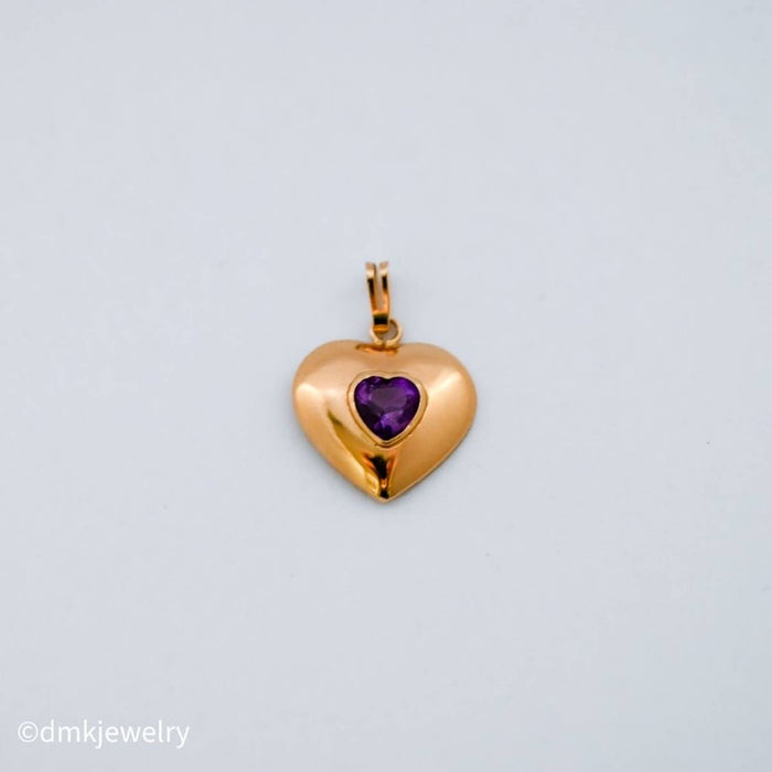 Amethysts Puffed Heart Vintage Charm Pendant 14K Yellow Gold