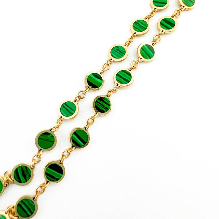 14K Yellow Gold Inlay Malachite Disc Bracelet