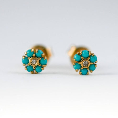 14K Yellow Gold Diamond and Turquoise Flower Stud Earrings