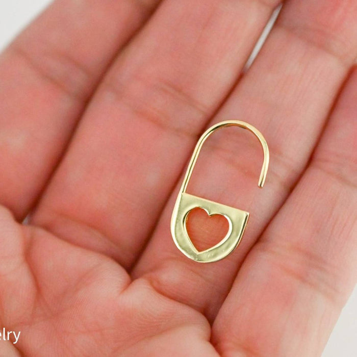 Dangle Heart Padlock Open Hoop Earring 14K Yellow Gold