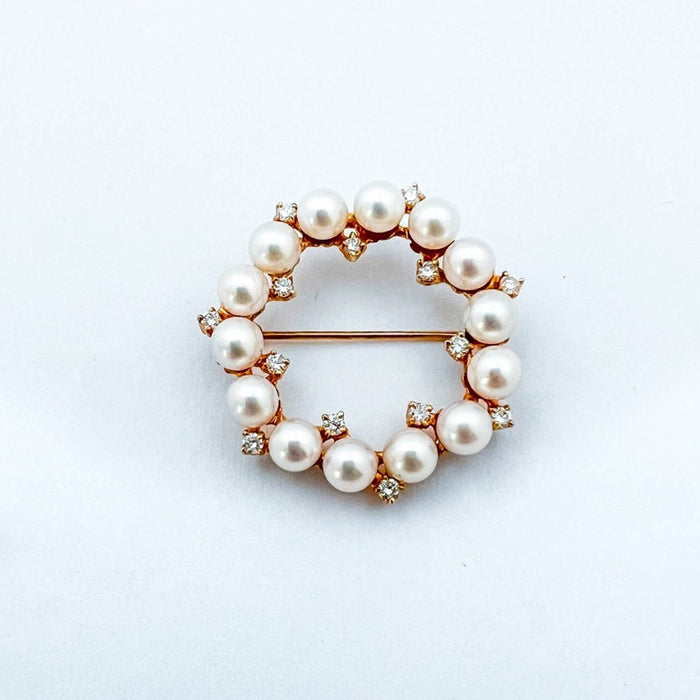 Victorian 14K Yellow Gold Culture Pearl and Diamond Circle Pin Brooch