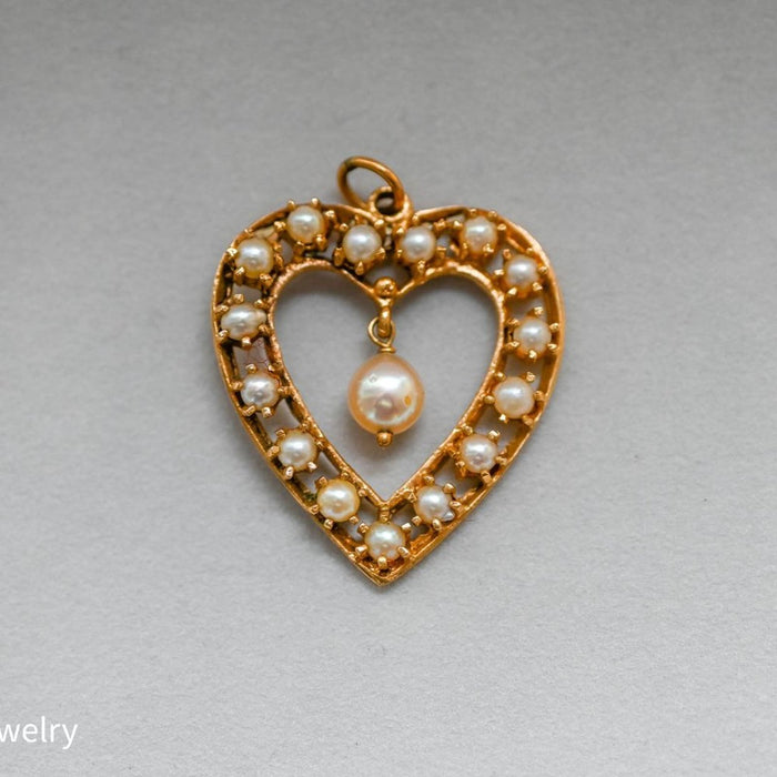 Antique  Pearl Heart Shape Pendant 14K Yellow Gold