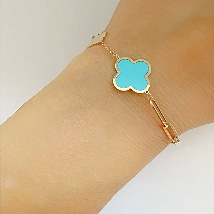 14K Yellow Gold Half Paperclip Haft Turquoise Clover Charm Bracelet