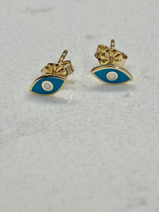 Enamel Evil Eye 14K Solid Yellow Gold Earrings