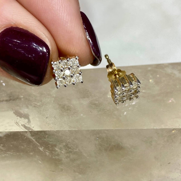 14k Yellow Gold Square Diamond Cluster Earrings