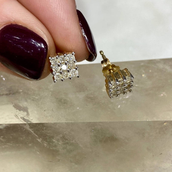 14k Yellow Gold Square Diamond Cluster Earrings