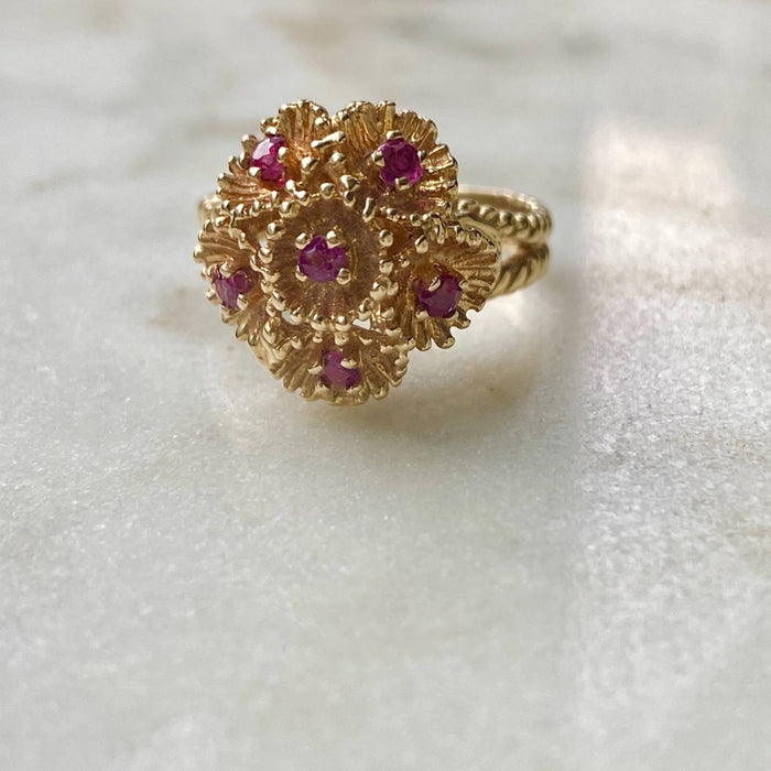 14k Yellow Gold Vintage Ruby Cluster Ring