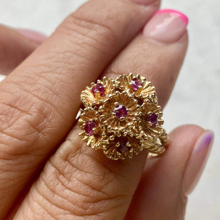 14k Yellow Gold Vintage Ruby Cluster Ring