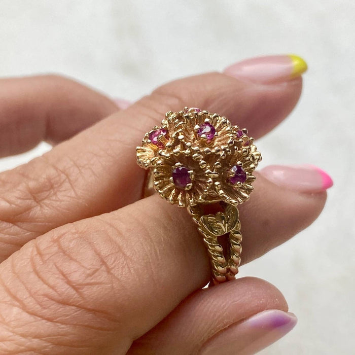 14k Yellow Gold Vintage Ruby Cluster Ring