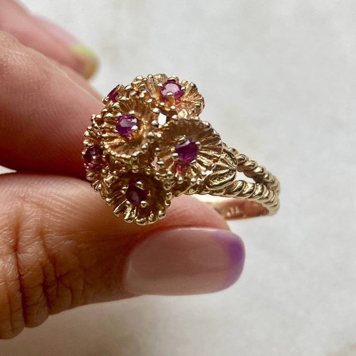 14k Yellow Gold Vintage Ruby Cluster Ring