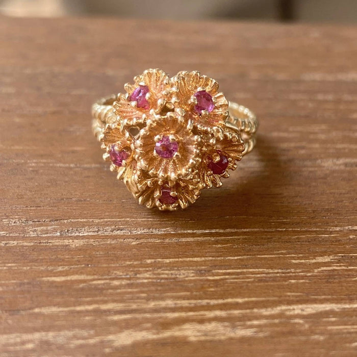 14k Yellow Gold Vintage Ruby Cluster Ring