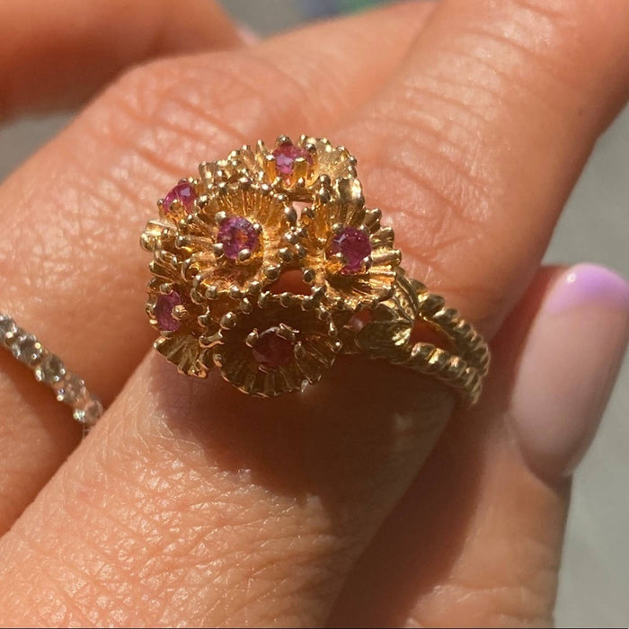 14k Yellow Gold Vintage Ruby Cluster Ring