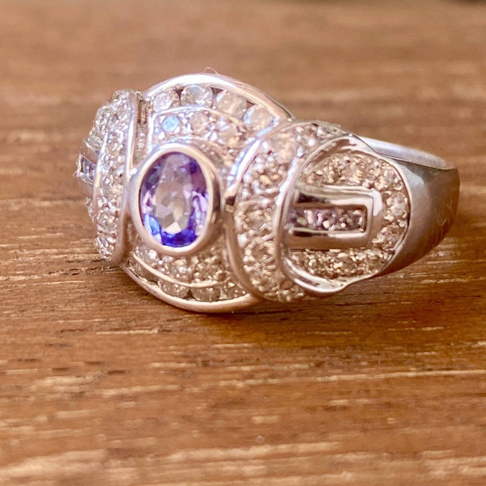 18k White Gold Tanzanite And Diamond Art Deco Vintage Ring