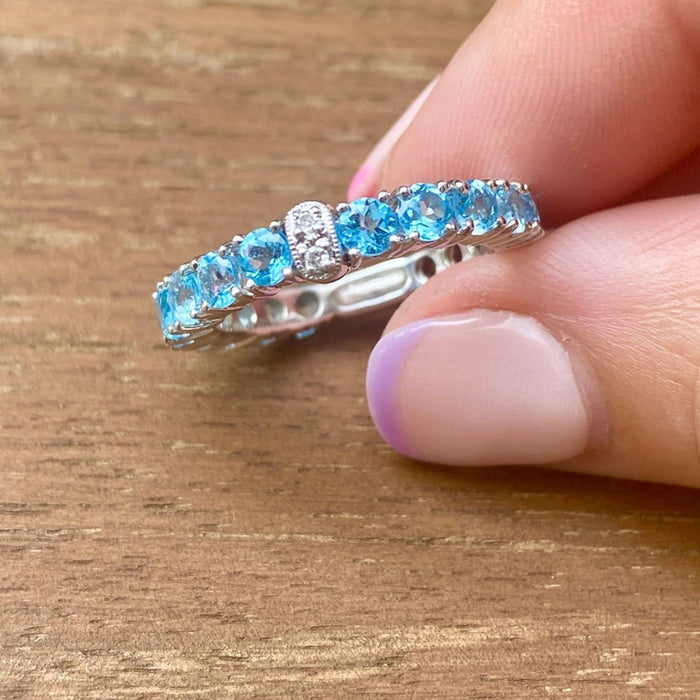 18k White Gold Blue Topaz and Diamond Eternity Band