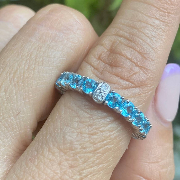 18k White Gold Blue Topaz and Diamond Eternity Band