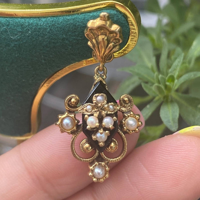 14K Yellow Gold Victorian Chandelier  Pearl Earrings