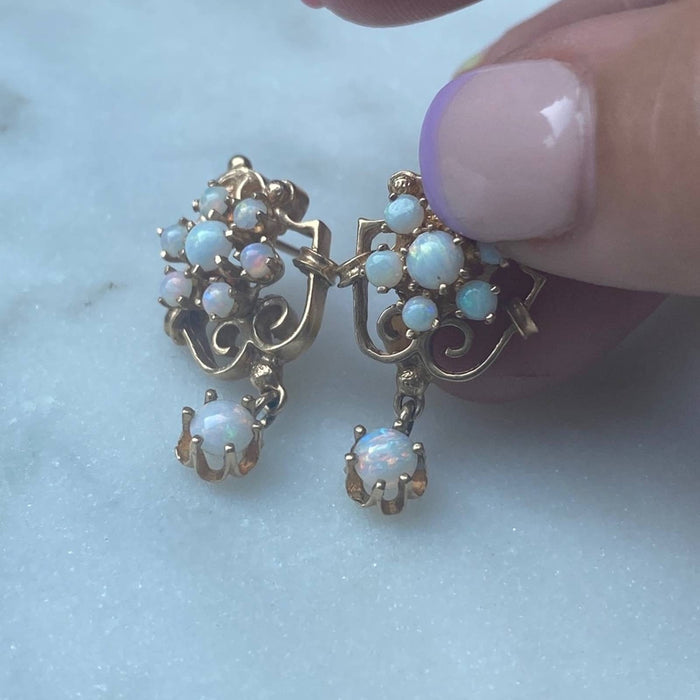 14K Yellow Gold Victorian Chandelier Opal Earrings