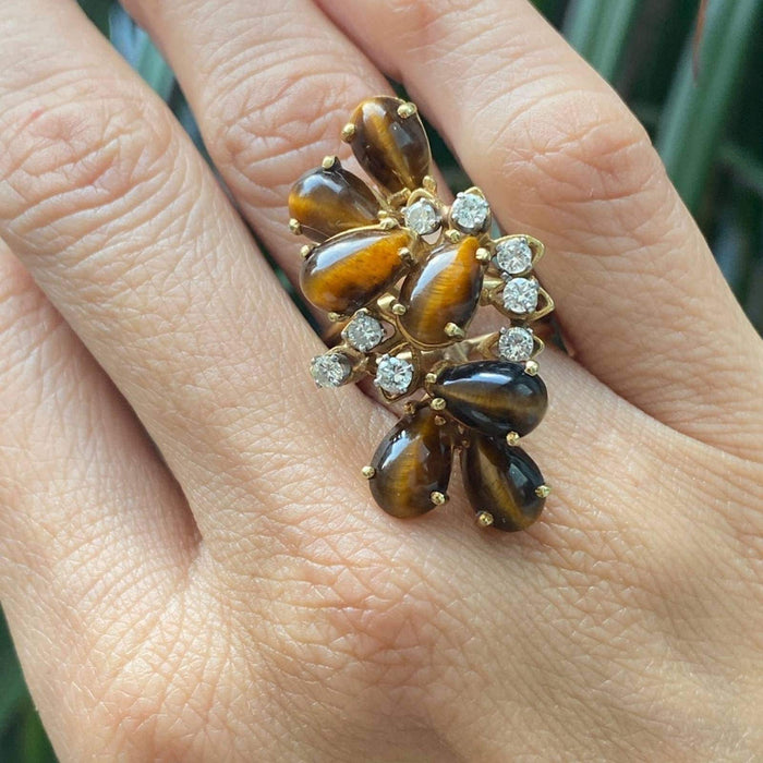 18K Yellow Gold Tiger Eye and Diamond Vintage Statement Ring