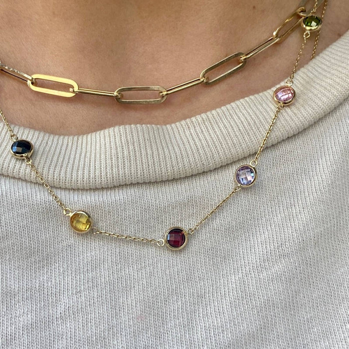 14K Yellow Gold Multi Stones station Necklace