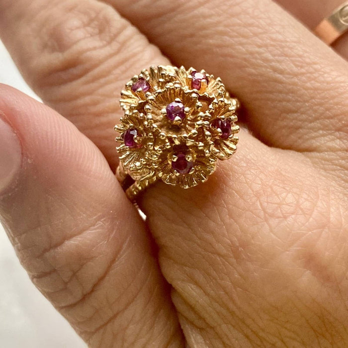 14k Yellow Gold Vintage Ruby Cluster Ring