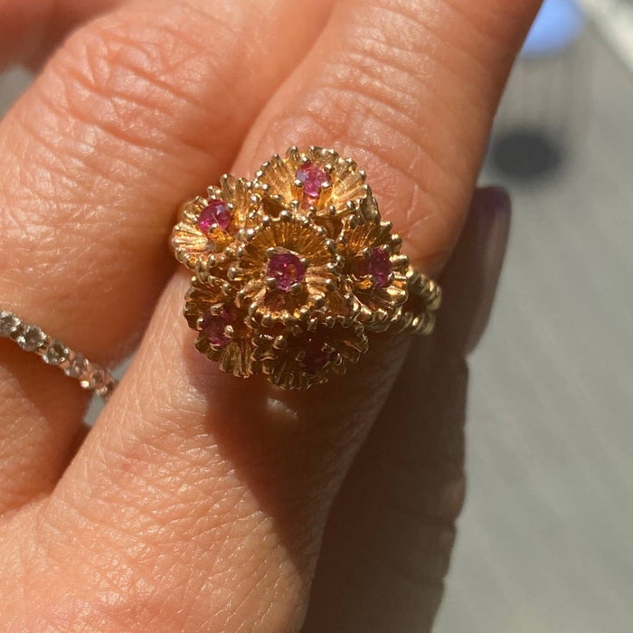 14k Yellow Gold Vintage Ruby Cluster Ring