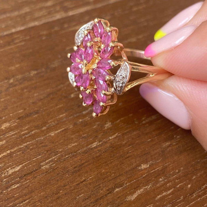 10k Gold Pink Tourmaline And Diamond Cluster Ring