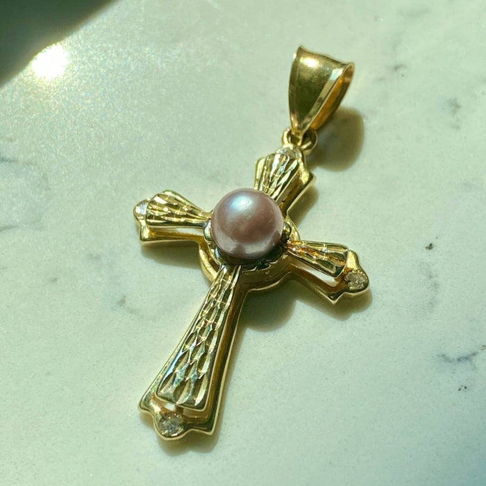 14K Yellow Gold Pearl and Diamond Cross Vintage Pendant