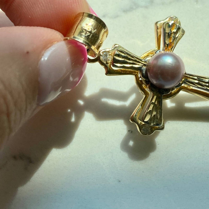 14K Yellow Gold Pearl and Diamond Cross Vintage Pendant