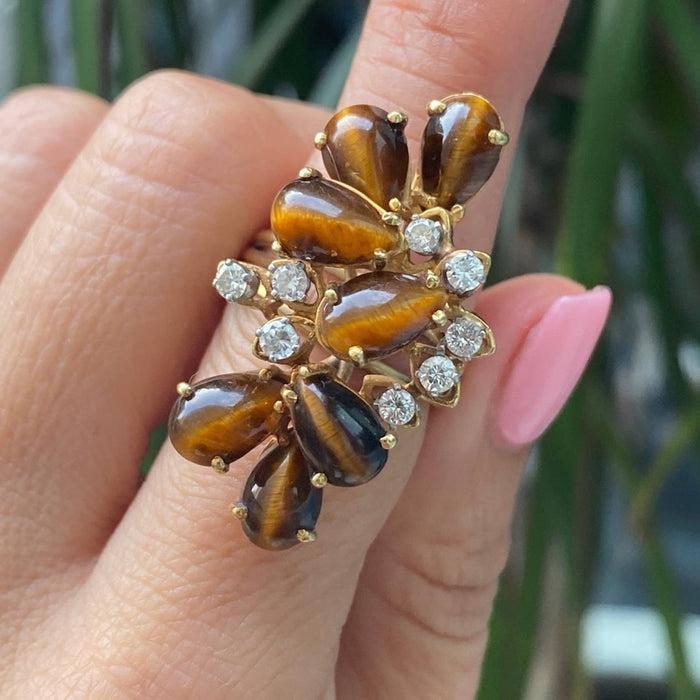 18K Yellow Gold Tiger Eye and Diamond Vintage Statement Ring