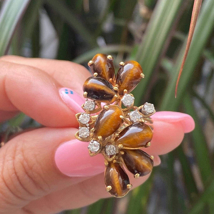 18K Yellow Gold Tiger Eye and Diamond Vintage Statement Ring