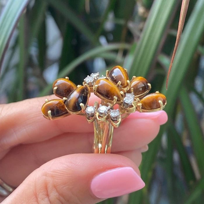 18K Yellow Gold Tiger Eye and Diamond Vintage Statement Ring