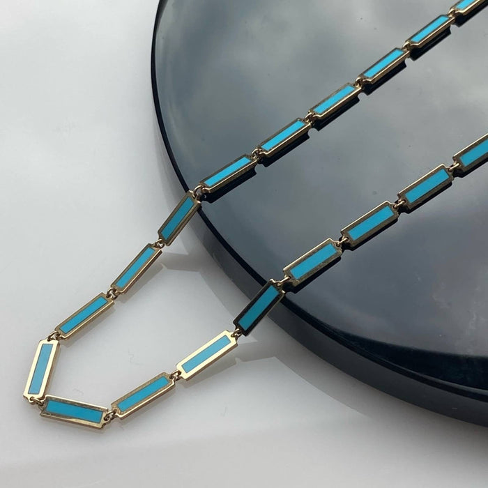 14k Yellow Gold Inlay Turquoise Bar link Chain Necklace