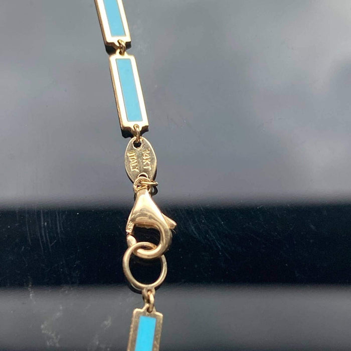 14k Yellow Gold Inlay Turquoise Bar link Chain Necklace