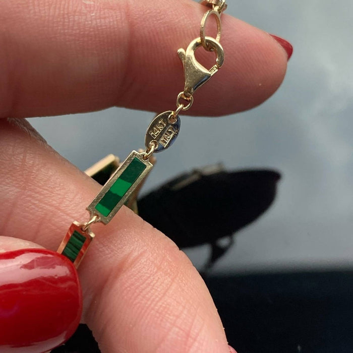 14k Yellow Gold Malachite Link Bar Chain Necklace