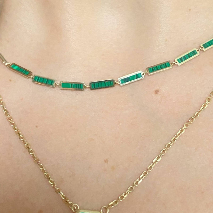 14k Yellow Gold Malachite Link Bar Chain Necklace