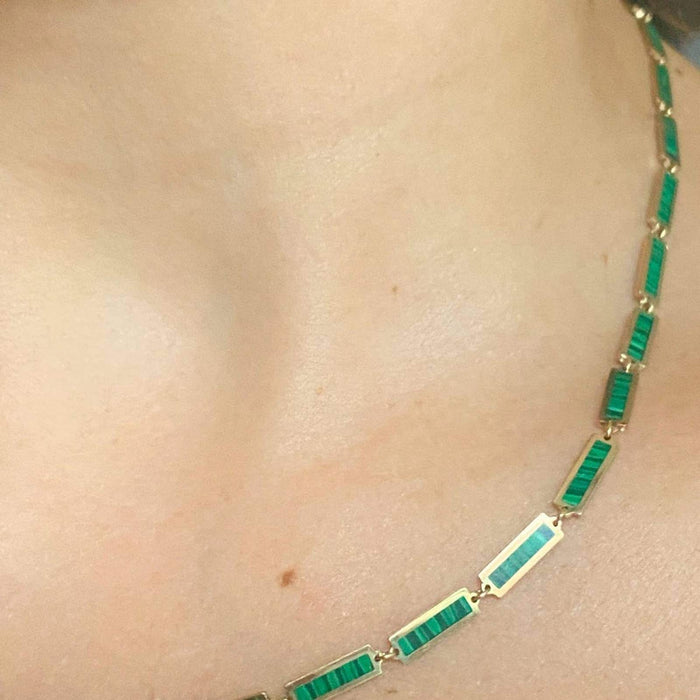 Malachite Bar link necklace 14k gold 