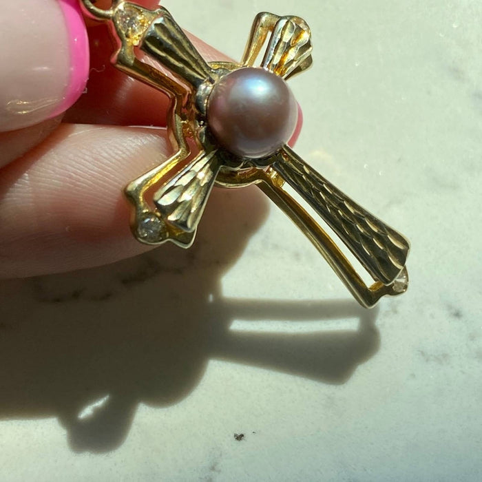 14K Yellow Gold Pearl and Diamond Cross Vintage Pendant