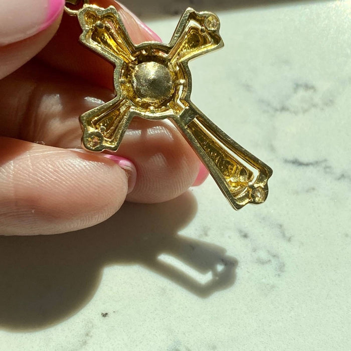 14K Yellow Gold Pearl and Diamond Cross Vintage Pendant