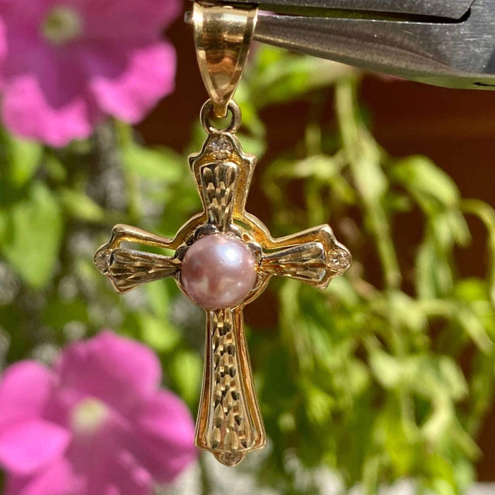 14K Yellow Gold Pearl and Diamond Cross Vintage Pendant