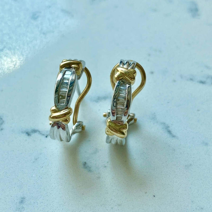 14k White and Yellow Gold Baguette Diamond Hoops Clip On Earrings