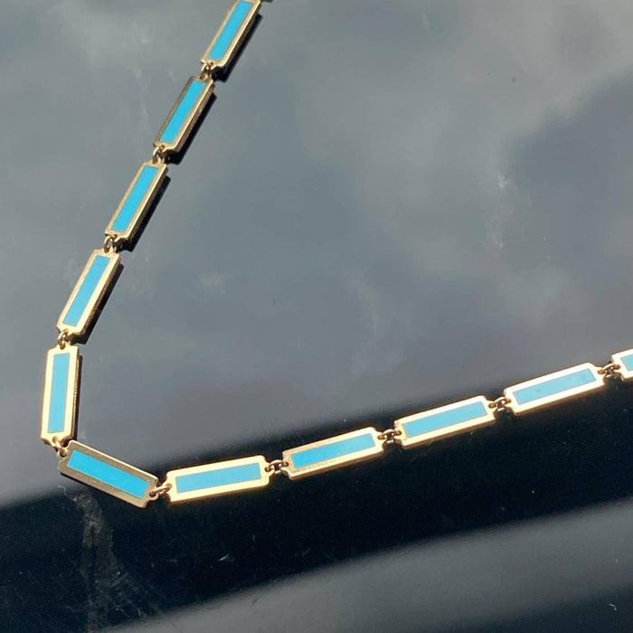 14k Yellow Gold Inlay Turquoise Bar link Chain Necklace