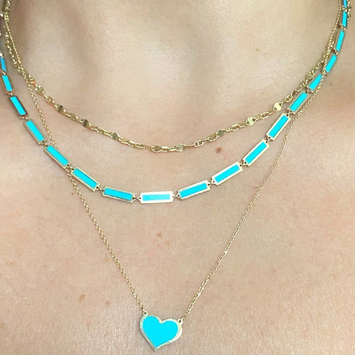 14k Yellow Gold Inlay Turquoise Bar link Chain Necklace